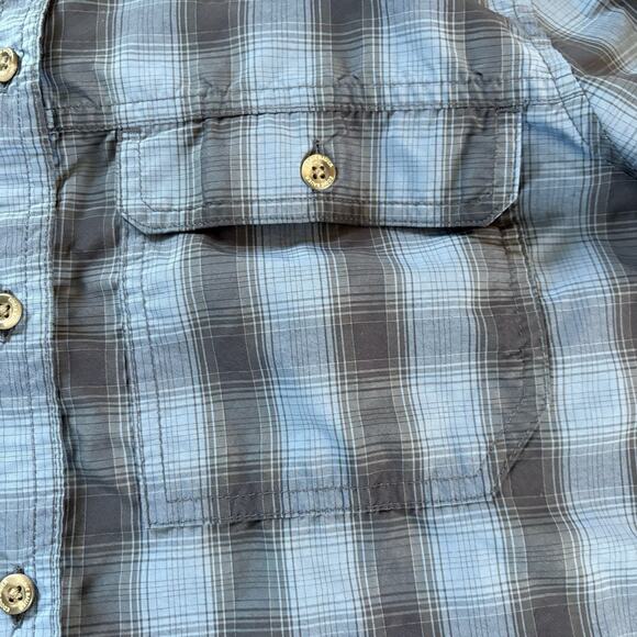 Eddie Bauer Women’s Blue Plaid Travex Roll Tab Sleeve Vented Shirt Size Large - Picture 11 of 16